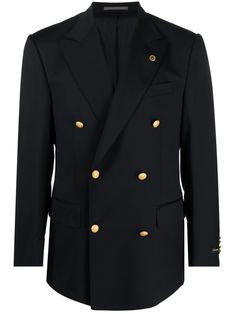 navy blue virgin wool peak lapels double-breasted button fastening gold-tone buttons chest welt pocket two front flap pockets buttoned-cuff sleeves straight hem Save The Sea, Paul Shark, Blazer Blue, Breasted Blazer, Double Breasted Blazer, Cuff Sleeves, Flap Pocket, Welt Pocket, Blazer Jacket