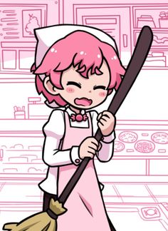 a girl with pink hair is holding a broom