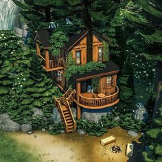 a painting of a house in the woods with stairs leading up to it's second floor