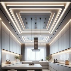 a modern kitchen with white cabinets and lights above the countertop, is lit by recessed lighting