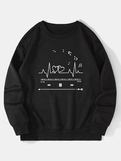 Black Casual Collar Long Sleeve Fabric Heart Pullovers Embellished Slight Stretch Fall/Winter Women Sweatshirts Hoodies Aesthetic, Hoodie Aesthetic, Stylish Hoodies, Cute Dress Outfits, Easy Trendy Outfits, Tomboy Fashion, Really Cute Outfits, Teen Fashion Outfits, Heart Print