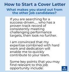 a blue and white poster with the words how to start a cover letter what makes you stand out from the other job candidate?