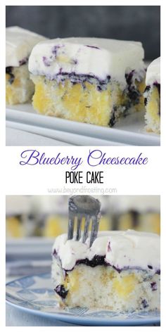 blueberry cheesecake poke cake on a plate with a fork