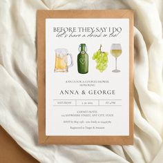 an image of a wine and beer brunch party card on top of a bed