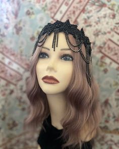 BLACK BEADED APPLIQUÉ Rhinestone Adorned Medieval Cosplay 20s | Etsy 20s Headband, Flapper Jewelry, Medieval Cosplay, 20s Style, Chain Headpiece, Gatsby Art, Deco Beads, Bridal Headdress, Long Pearl Necklaces