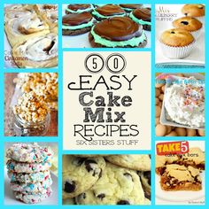 the collage shows different types of cakes and desserts with text overlay that reads, 60 easy cake mix recipes six sisters stuff