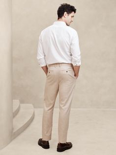 Tailored-Fit Linen-Blend Trouser | Banana Republic Factory Classic Fitted Linen Chinos, Casual Linen Dress Pants With Welt Pockets, Elegant Relaxed Fit Chinos For Spring, Elegant Relaxed Fit Spring Chinos, Business Casual Neutral Linen Bottoms, Elegant Spring Relaxed Fit Chinos, Neutral Linen Bottoms For Business Casual, Formal Spring Chinos With Relaxed Fit, Linen Chinos For Workwear