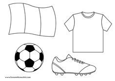 a soccer ball, t - shirt and shoes are shown in this coloring book page