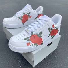 Af1 Designs, Nike Air Force 1 Red, Black Poppies, Hand Painted Heels, Vans Slip On Black, Quinceanera Shoes, Custom Nike Air Force 1, Custom Nike Air Force, Custom Painted Shoes