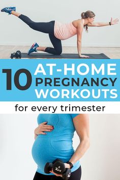 pregnant women doing exercises with dumbbells, and the words at - home pregnancy workouts for every trimesterer