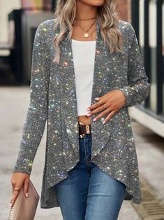 Shop Affordable Women‘s Sequin Jacket Cardigan Blazer Sparkly Glitter Silver Party Christmas New Year Eve Holiday Casual Spring Fall Open Front On Justfashionnow.com. Glitter Cardigan, Abstract Shirt, Casual Denim Jeans, Casual Kimono, Types Of Coats, Womens Jackets Casual, Sequin Jacket, Floral Cardigan, Fall Jackets