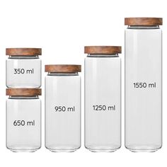 glass jars with wooden lids are lined up against the white background, labeled 350ml and 650ml