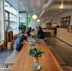 people are sitting at tables in an office setting with plants on the table and chairs around them