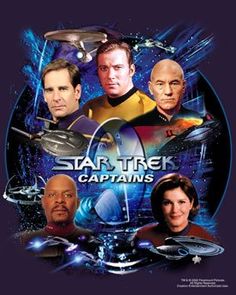 star trek captains poster with the characters in space and stars on it's sides