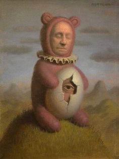 a painting of a bear holding an egg with a hole in it's chest