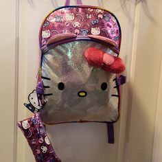 Adorable Hello Kitty Backpack With Fuzzy Now And Pencil Case Playful Purple Backpack, Playful Hello Kitty Print Backpack, Playful Hello Kitty Backpack, Hello Kitty Multicolor Travel Backpack, Multicolor Hello Kitty Travel Backpack, Playful Hello Kitty School Backpack, Multicolor Hello Kitty Print Standard Backpack, Multicolor School Backpack With Cat Design, Multicolor Cat Design Backpack For School