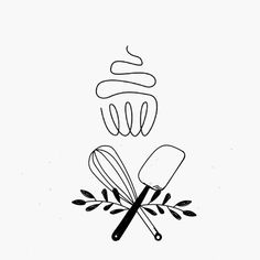 a black and white drawing of utensils with leaves on the side, next to a whisk