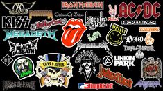 a bunch of stickers that are on a black background with the words rock and roll