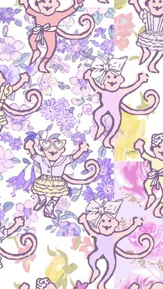 an artistic pattern with monkeys and flowers in pastel colors on a white background,