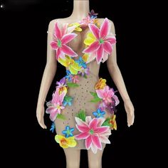 Custom Made Dress New Size Large 2025 Graduate, Theme Carnaval, Long Flower Dress, Wedding Dancing, Dresses Nightclub, Dancing Party, Tropical Birthday, Transparent Flowers, Flowers Dress