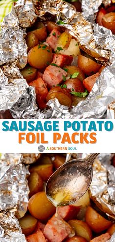 sausage potato foil packets with a spoon in it