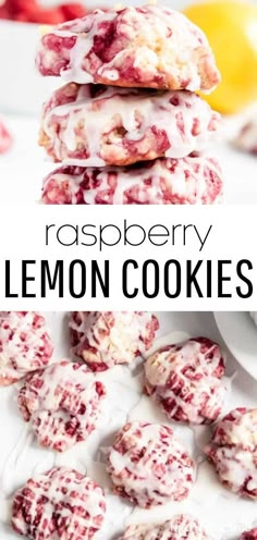 raspberry lemon cookies stacked on top of each other with the title in the middle