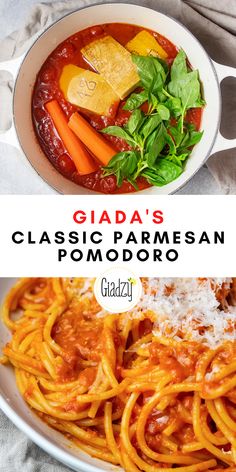 a plate of pasta with tomato sauce and parmesan cheese on top, next to a bowl of vegetables