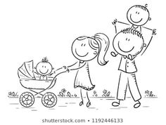 a black and white drawing of a man pushing a baby in a stroller with a woman