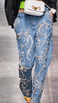 Wide Leg Jeans With Sneakers, Costume Jeans, Decorated Jeans, Customized Jeans, Jeans With Sneakers, Bespoke Denim, Customized Denim, Sparkle Jeans, Denim Couture