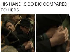 two pictures of people wearing hats and holding hands with the caption'this hand is so big compared to others '