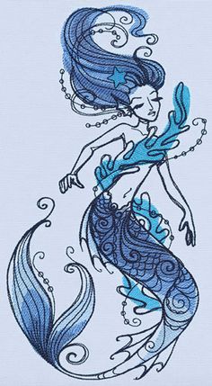 a drawing of a mermaid with blue hair