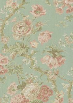 a floral wallpaper pattern with pink and green flowers on a light blue background,