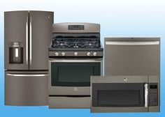 an assortment of kitchen appliances including refrigerator, stove and microwave