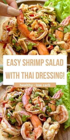 shrimp salad with thai dressing on a wooden platter and text overlay that reads easy shrimp salad with thai dressing