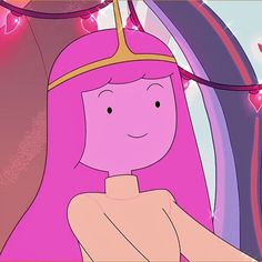 a cartoon girl with pink hair wearing a tiara and holding her hand on her chest