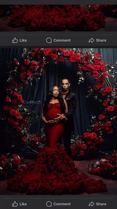 a couple standing in front of a red rose wreath with the caption's name on it