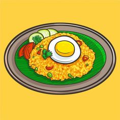 a plate with rice, vegetables and an egg on it is sitting on a yellow background