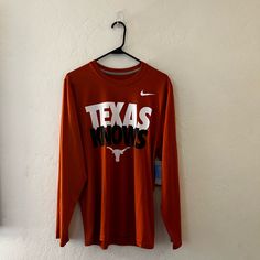 New With Tags “Texas Knows” Nike Long Sleeve Dri-Fit. Unisex Size Small Will Fit A Little More Relaxed On A Woman. Nike Long Sleeve T-shirt For Spring, Tan Long Sleeve Tops For Spring, Nike Long Sleeve Tops With Letter Print, Nike Tops With Letter Print For Fall, Nike Fitted Long Sleeve Tops, Nike Long Sleeve Top With Graphic Print, Nike Graphic Print Tops For Fall, Nike Long Sleeve Relaxed Fit Top, Nike Half Zip