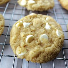 white chocolate chip cookies cooling on a wire rack