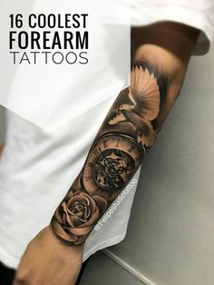 a man's arm with a clock and roses on it