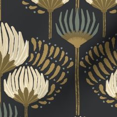 a black and gold wallpaper with large flowers on the left side is shown in this image