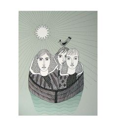 a drawing of three women in a boat with a bird sitting on top of it