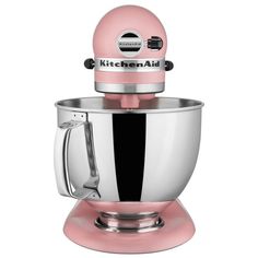 a pink kitchen aid mixer on a white background