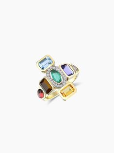 14K Yellow Gold, 0.15 ct. Diamonds,0.46 ct. Tourmaline, 0.25 ct. Emerald, 0.74 ct. Tanzanite, 0.56 ct. Tiger Eye, 0.48 ct. Citrine Multicolor Diamond Gemstones With Accents, Elegant Multicolor Multi-stone Birthstone Ring, Elegant Multicolor Diamond Birthstone Ring, Luxury Multicolor Emerald Gemstone Ring, Multicolor Multi-stone Diamond Birthstone Ring, Luxury Multicolor Rings With Center Stone, Fine Jewelry Multicolor Diamond Ring With Center Stone, Luxury Multi-stone Birthstone Ring, Elegant Multicolor Birthstone Ring With Center Stone