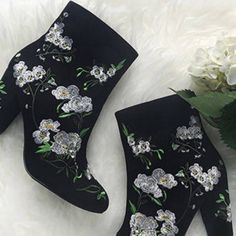 New With Tag Floral Embroidery Side Zipper Spring Embellished Boots With Round Toe, Trendy Embroidered Winter Boots, Trendy Embroidered Summer Boots, Casual Fall Boots With Floral Embroidery, Embroidered Summer Party Boots, Embroidered High Heel Boots For Spring, Party Boots With Floral Embroidery And Round Toe, Black Embellished Spring Boots, Spring Black Embellished Boots