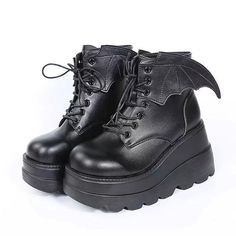 Ulalaza Dark Bat Wing Ankle Boots for Women Wedge Chunky with Sassy Platform Boot Round Toe Lace up Side Zipper High Heel Women Boot Stretch Fabric Soft Skin-Friendly and fit Around The Ankle Goth Wings, Wing Boots, Zapatos Mary Jane, Black Punks, Womens Mary Janes, High Wedges, Style Punk, Jairzinho, Punk Goth