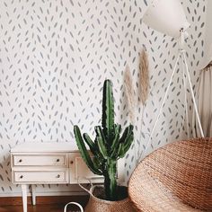 a cactus in a wicker basket next to a white dresser and wallpaper with blue leaves on it