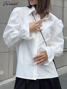 Tavimart White Shirt Women Elegant Lapel Puff Sleeve Blouses Autumn Female Casual Loose Ruched Tops Office Lady Fashion Chic Button Shirt Daywear Puff Sleeve Shirt With Button Cuffs, Puff Sleeve Shirt With Button Cuffs For Daywear, Office Tops With Lantern Sleeves And Button Closure, White Puff Sleeve Blouse With Button Cuffs, Solid Color Shirt With Puff Sleeves And Buttons, Office Lantern Sleeve Top With Button Closure, White Tops With Lantern Sleeves And Button Cuffs, Puff Sleeve Shirt With Button Closure For Daywear, White Puff Sleeve Shirt With Buttons