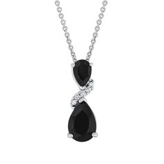 Enhance your elegance with this exquisite twist-style pendant necklace featuring two pear-shaped black onyx gemstones. The striking onyx is beautifully complemented by created white sapphires, adding a touch of sparkle to the design. Crafted in sterling silver, the twisting silhouette creates a dynamic and modern look, perfect for both day and evening wear. The pendant measures 18.3mm in length and 6.5mm in width and comes suspended from a chain that can be worn at 16, 17, or 18 inches in length Elegant Onyx Teardrop Necklace, Luxury Elegant Onyx Necklace, Silver Onyx Pendant Necklace, Luxury Onyx Pendant Necklace, Elegant Onyx Hand-strung Necklace, Twist Style, Sterling Silver Necklace Pendants, White Sapphire, Silver Pendant Necklace