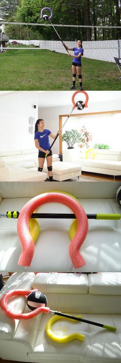 two women are playing volleyball on the couches and inflatable objects have been placed around them